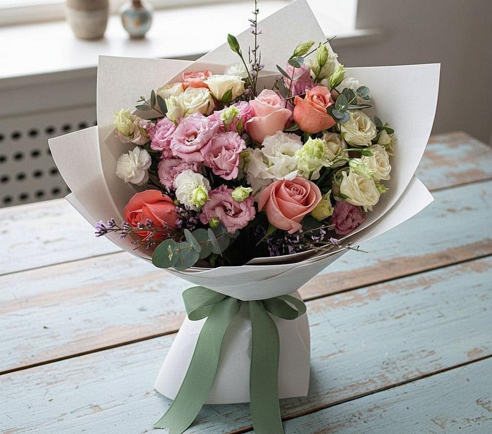 Букет цветов из: Розы, Лизиантусы и Гвоздики в Бородино